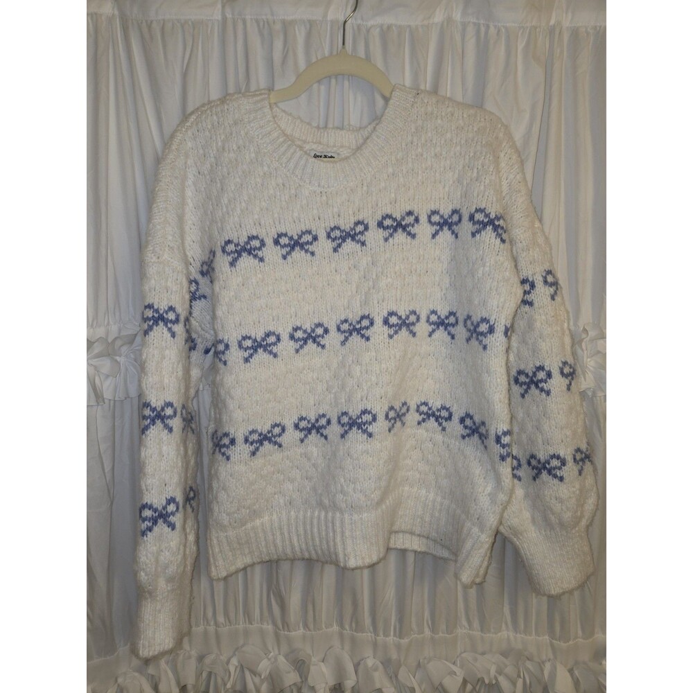 Cream Blue Bow Women Sweater Love Knits XL Holiday Cottagecore